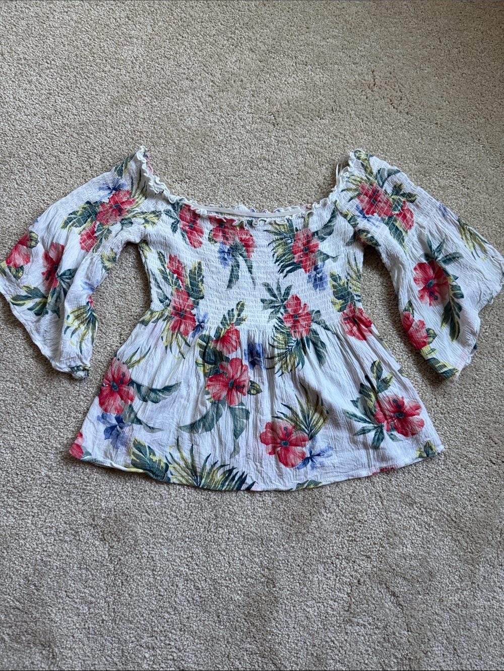 Hollister White Off-Shoulder Floral Smocked Peasant
